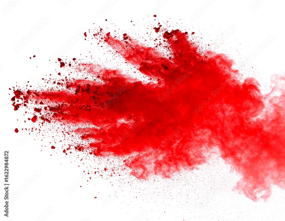 Dynamic red powder explosion against a pristine white backdrop creating abstract artistry Dynamic red powder explosion against a pristine white backdrop creating abstract artistry