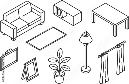 Isometric Outline Living Room Furnitures with Sofa,Table, Rug and Home Plant in White