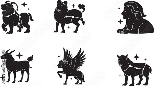 Zodiac Constellation Animals Silhouette Vector Illustration Set on Transparent Background Design Element