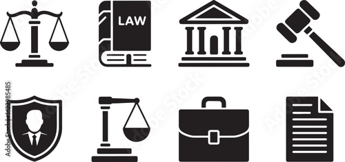 Law and Justice Icon Set Featuring Legal System Elements on Transparent Backdrop for Professional Use
