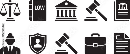 Law and Justice Icon Set Depicting Legal System Elements on Transparent Backdrop for Professional Use