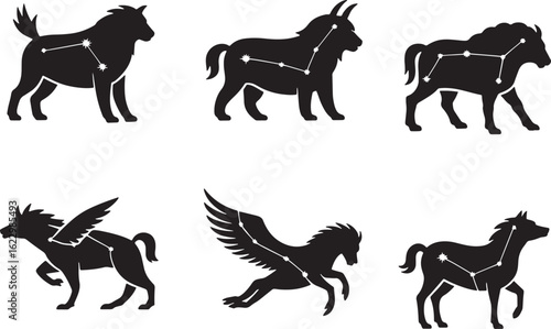Zodiac Constellation Animals Silhouette Vector Illustration Set on Transparent Background Design Element