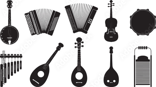 Musical Instruments Silhouette Vector Illustration Set on Transparent Background Design Element