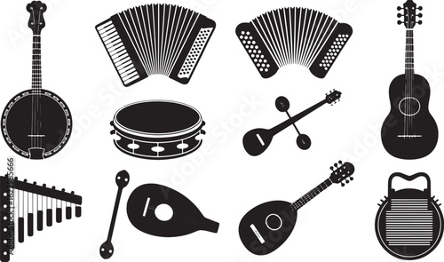 Musical Instruments Silhouette Vector Illustration Set on Transparent Background Design Element