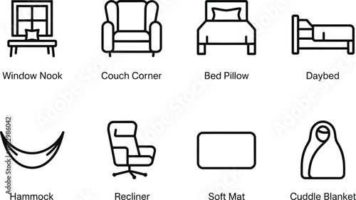 Room Furniture Set Line Art Window Nook, Couch, Bed, Hammock, Blanket Icons