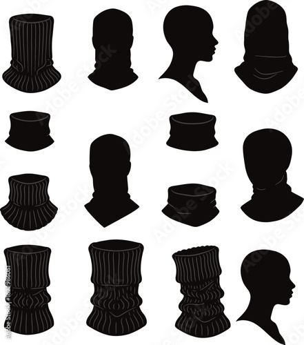 A comprehensive collection of diverse neck gaiters and headwear silhouettes, showcasing various styles, textures, and ways of wearing, suitable for outdoor, sports, and apparel design projects.