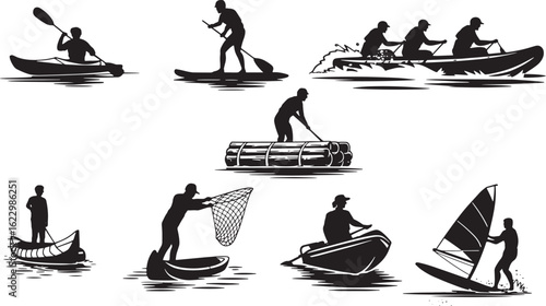 Aquatic Adventures Silhouettes Collection on Transparent Background Showcasing Various Water Activities