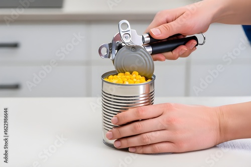 Close-up of hands opening a canned corn with a can opener on a clean kitche