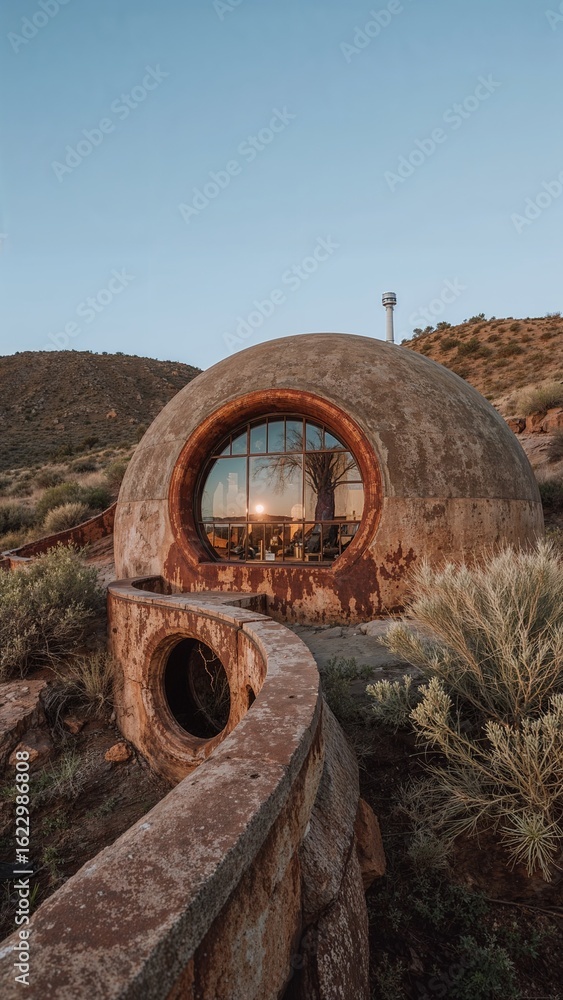 Obraz premium Unique Dome House with Large Circular Window in Arid Landscape at Sunset