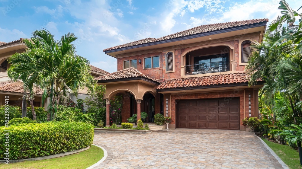 Naklejka premium A luxurious, Mediterranean-style villa with a tiled roof, large windows, and a stone driveway leading to a garage.