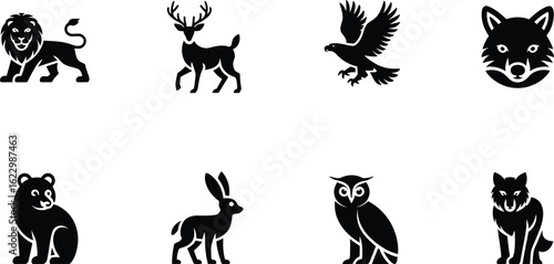 Eight Black Animal Icons Featuring Mammals and Birds lion deer