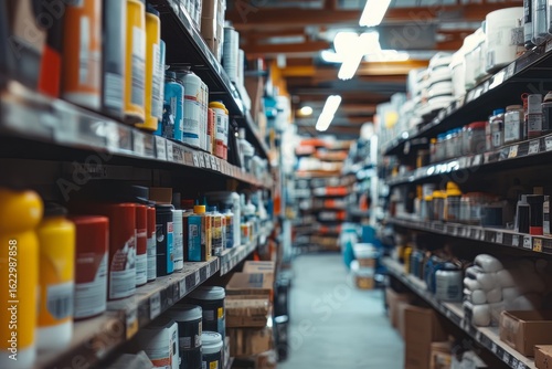 Wallpaper Mural A side view of a well-stocked building shop aisle with various construction adhesives and sealants, clean and professional composition, copy space, natural color, minimalism, stock photography Torontodigital.ca