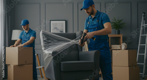 Professional movers carefully wrap furniture for safe and efficient relocation, ensuring a smooth and stress-free moving experience for their valued clients.