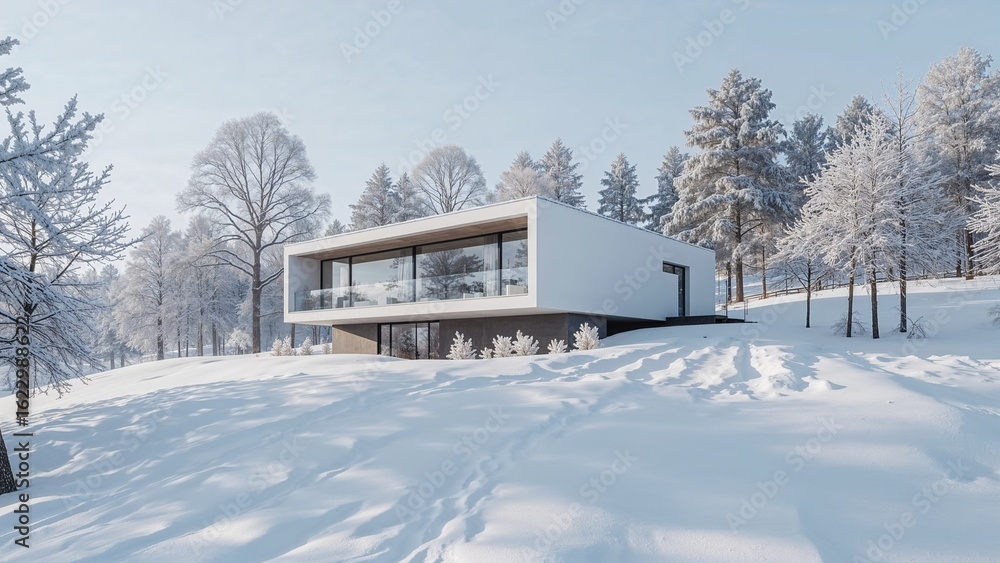 Modern Minimalist House in a Serene Winter Landscape with Frost-Covered Trees Modern Minimalist House in a Serene Winter Landscape with Frost-Covered Trees