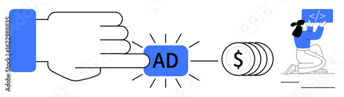 Hand pressing ad button leading to coin stack, developer writing code. Ideal for advertising, monetization, online marketing, pay-per-click, web development, revenue, simple landing page