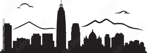 Black Silhouette of Santiago Skyline with Gran Torre and Andes Mountains