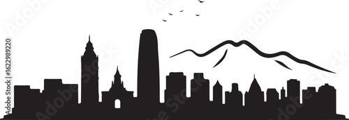 Black Silhouette of Santiago Skyline with Gran Torre and Andes Mountains