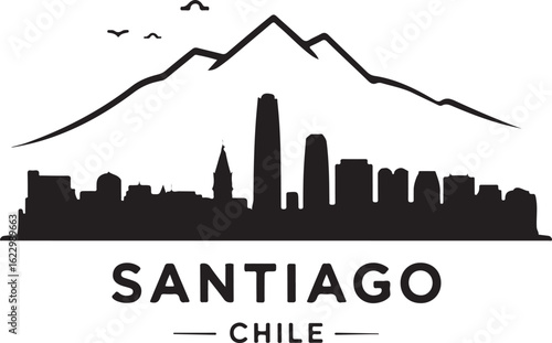 Black Silhouette of Santiago Skyline with Gran Torre and Andes Mountains