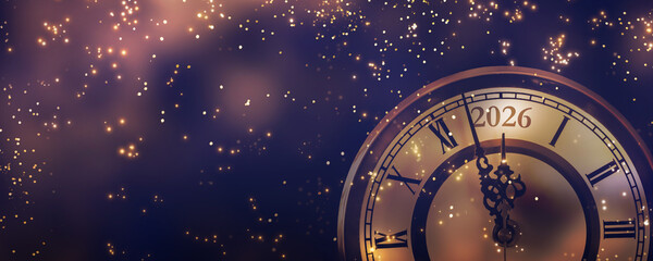 happy new year 2026 countdown clock on abstract glittering midnight sky with copy space, festive party invitation card concept for new years eve