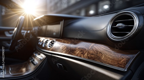 Sleek car interior with wood accents, elegant control knob, and bright sunlight.
