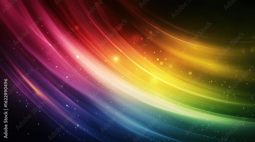 Obraz premium A vibrant, abstract rainbow-colored wave pattern with a gradient of colors from red to blue, set against a dark background with a few scattered stars.