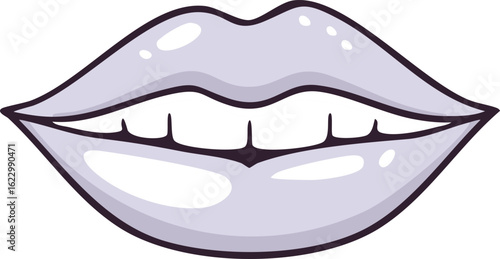 A stylized illustration of open lips with visible teeth, rendered in shades of gray and white.