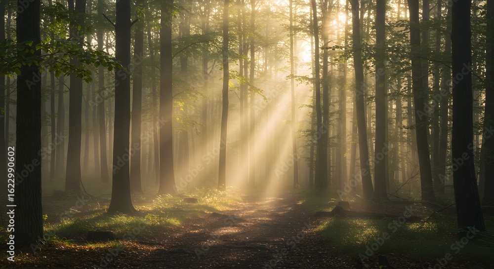 Obraz premium Sunlight streams through a dense forest, illuminating the trees and path.