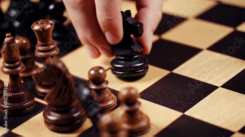 Intense Strategic Chess Match Unfolds with Cinematic Close-Ups on a Wooden Board