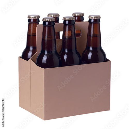 Six pack of brown beer bottles in a cardboard carrier on dark backdrop