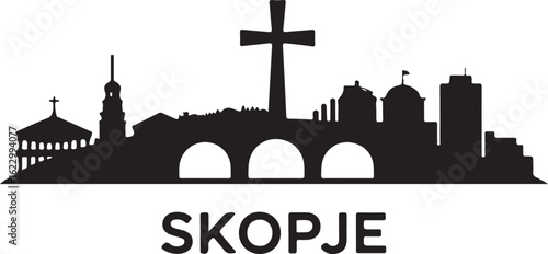 Black Silhouette of Skopje Skyline with Millennium Cross and Stone Bridge