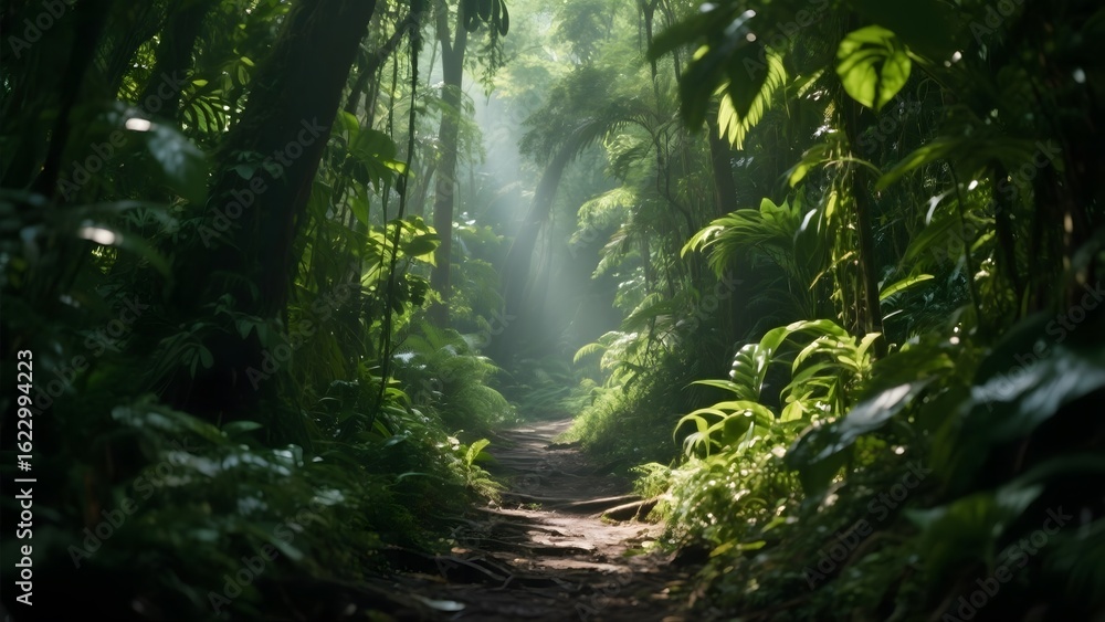Obraz premium Sunlight filtering through dense foliage illuminates a serene forest path