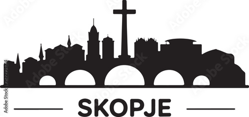 Black Silhouette of Skopje Skyline with Millennium Cross and Stone Bridge
