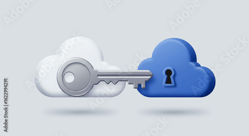 A stylized illustration of a key unlocking a blue cloud, representing data security.