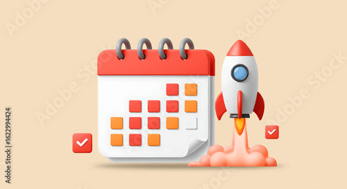 A 3D rendered calendar and rocket launching, symbolizing project planning and timely execution.