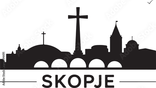 Black Silhouette of Skopje Skyline with Millennium Cross and Stone Bridge