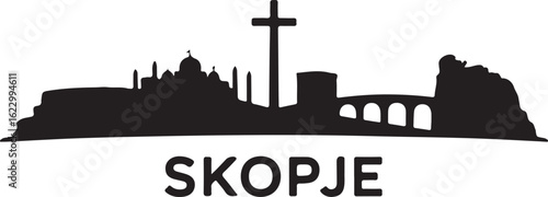Black Silhouette of Skopje Skyline with Millennium Cross and Stone Bridge