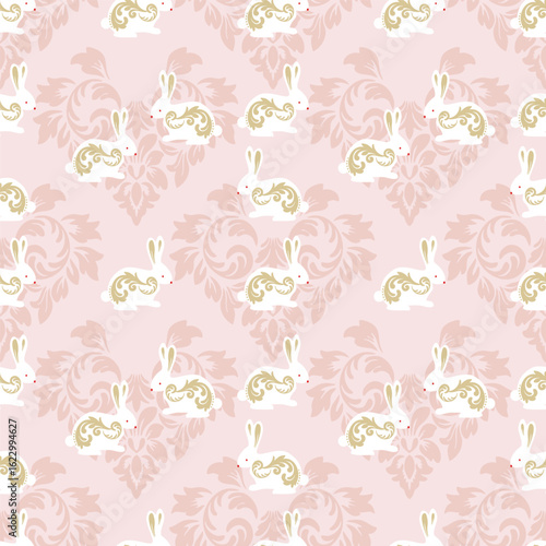 White rabbit on Thai pattern texture for background, seamless pattern