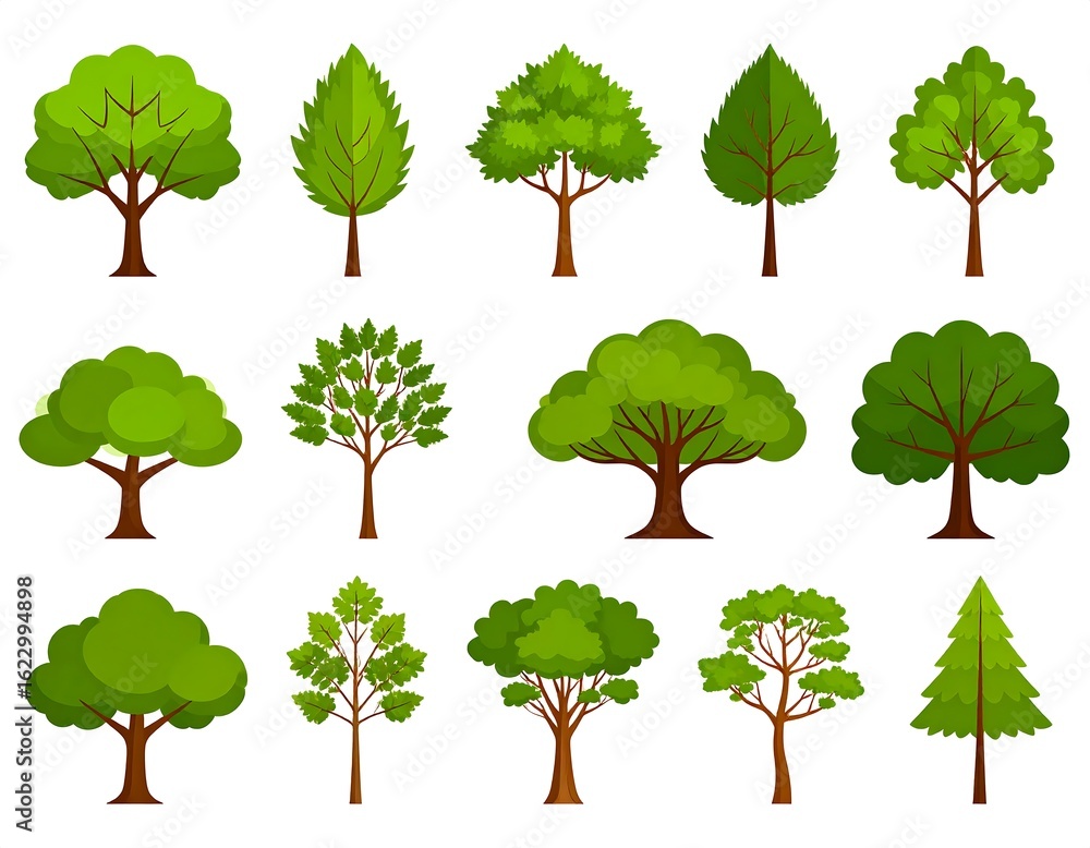 Fototapeta premium Diverse set of tree illustrations showcasing varied shapes and foliage styles