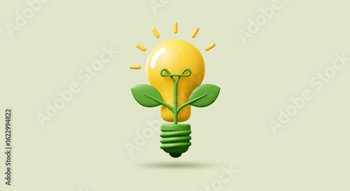 A vibrant 3D illustration depicting a lightbulb sprouting green leaves, symbolizing new ideas.