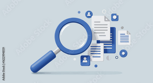 Blue magnifying glass focuses on scattered documents and icons, representing information search.