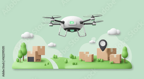 A white drone flies above cardboard boxes in a green landscape, suggesting delivery or transportation services.