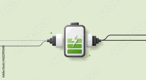 A stylized illustration of a battery being charged, with green bars indicating the charge level and two cables connected to its terminals.