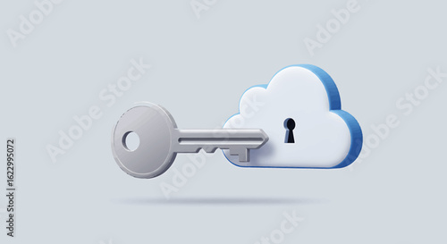 Silver key inserted into a white cloud, symbolizing cloud security access.