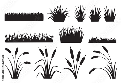 Black and white silhouette illustrations of grass and cattails nature