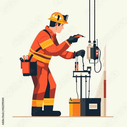 Electrician measuring voltage with device while wearing safety gear  