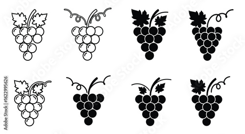 Collection of Eight Grape Cluster Silhouettes in Varying Styles and Opacity