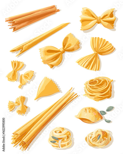 Assorted pasta shapes including fettuccine, bowtie, and spaghetti  