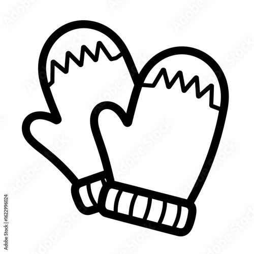 Illustration of two mittens for winter season holiday in black and white outline style simple design for coloring book or childrens art project