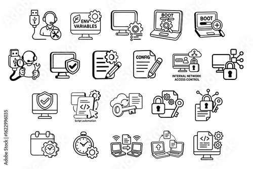 support technical system administration concept. Icons representing technology and security concepts for digital systems.