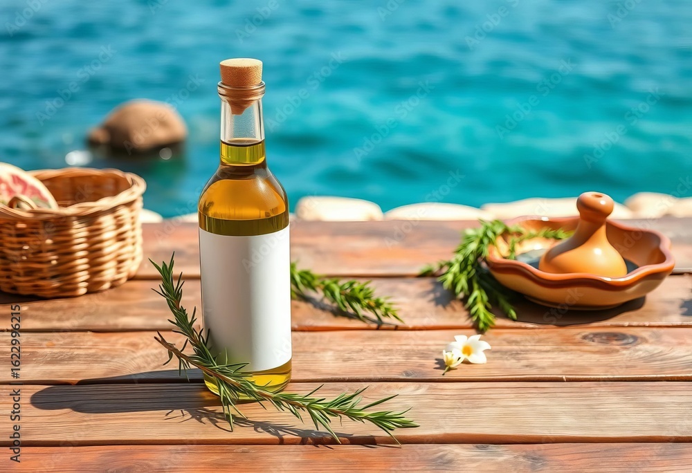 Obraz premium Rustic wooden table, olive oil bottle, white label, rosemary sprig, ceramic dish, Mediterranean sea view, cooking, healthy